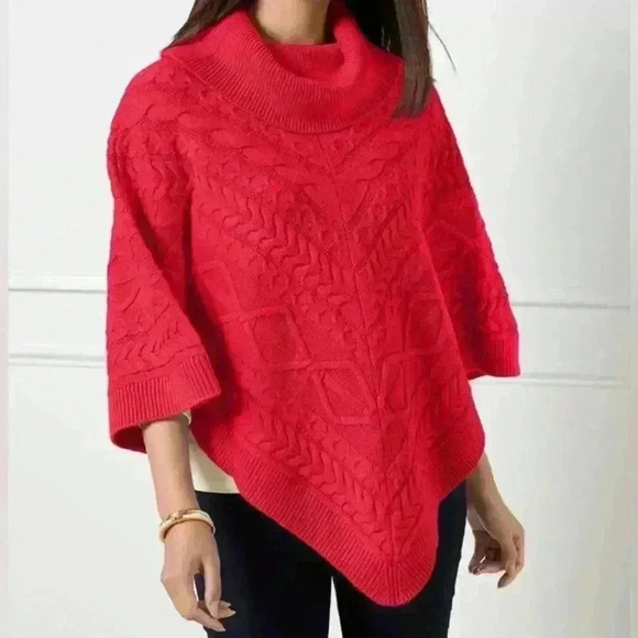 Talbots Cable Knit Triangle Poncho Red Holiday Festive Christmas Sweater Size M - Picture 1 of 9